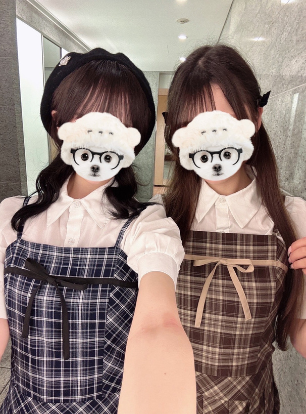 パフスリーブブラウス×チェック柄リボンプリーツキャミソールワンピースセットアップ