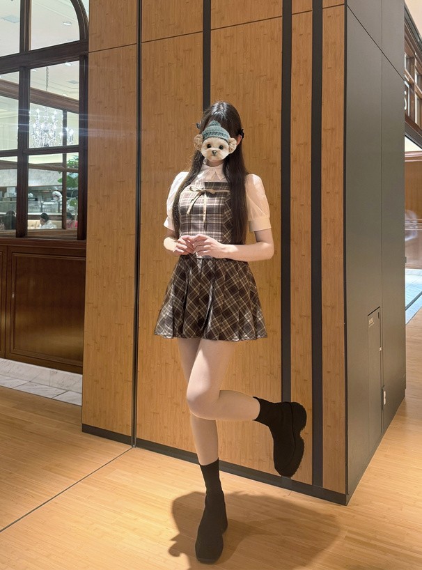 パフスリーブブラウス×チェック柄リボンプリーツキャミソールワンピースセットアップ