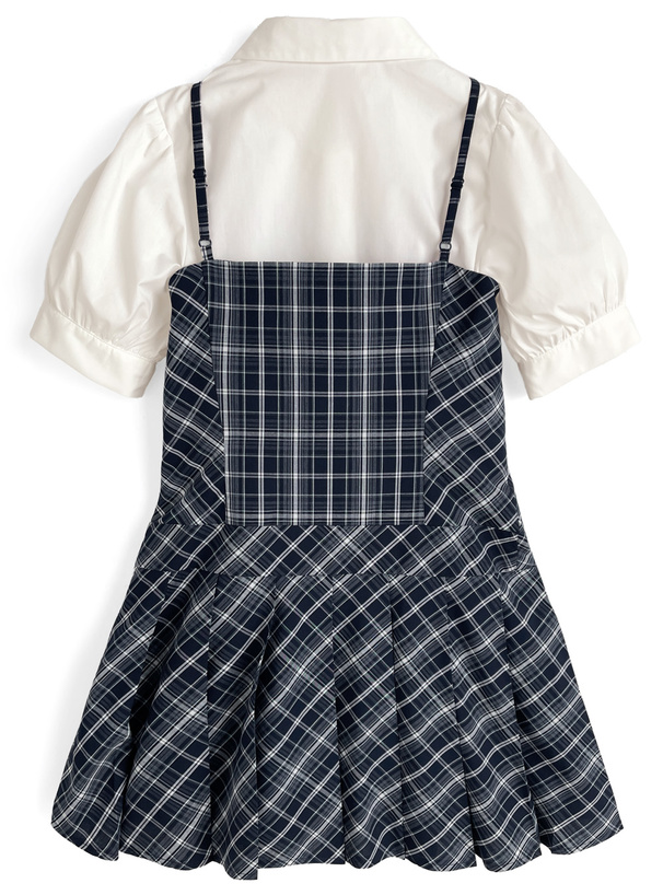 パフスリーブブラウス×チェック柄リボンプリーツキャミソールワンピースセットアップ