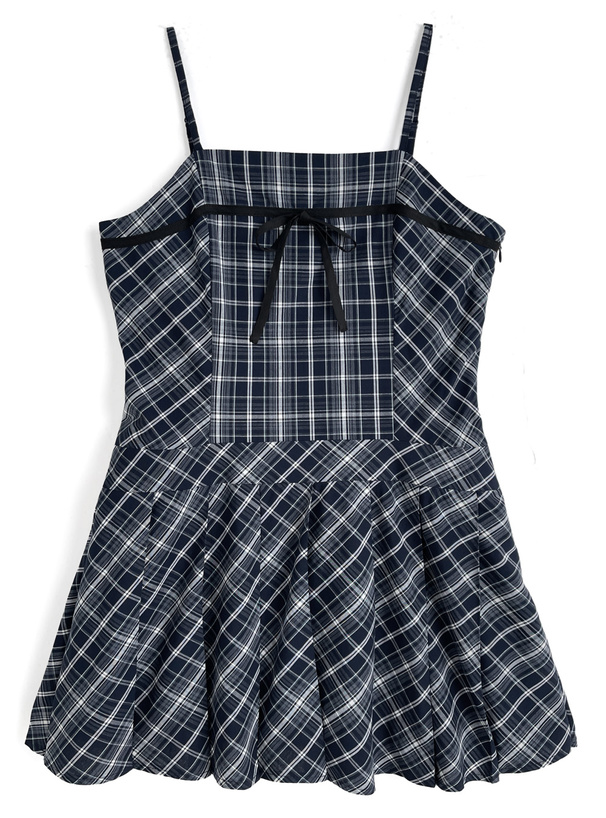 パフスリーブブラウス×チェック柄リボンプリーツキャミソールワンピースセットアップ