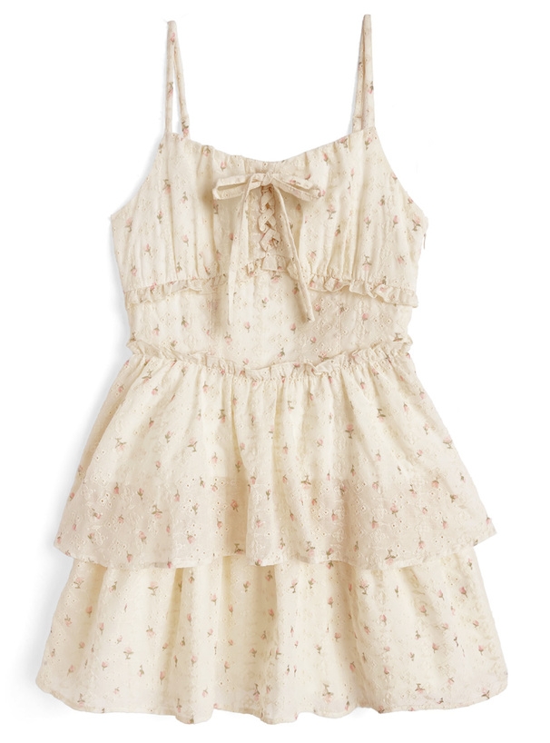 小花柄レースアップティアードキャミソールミニワンピース