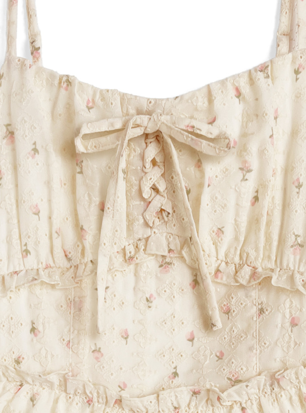 小花柄レースアップティアードキャミソールミニワンピース