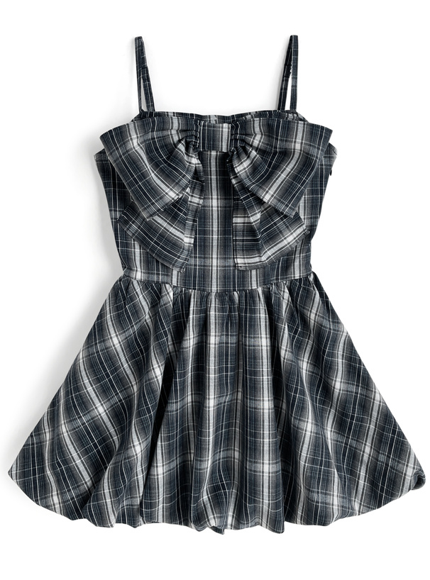 チェック柄ビッグリボンバルーンキャミソールミニワンピース
