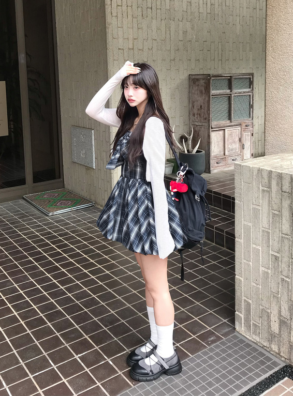 チェック柄ビッグリボンバルーンキャミソールミニワンピース