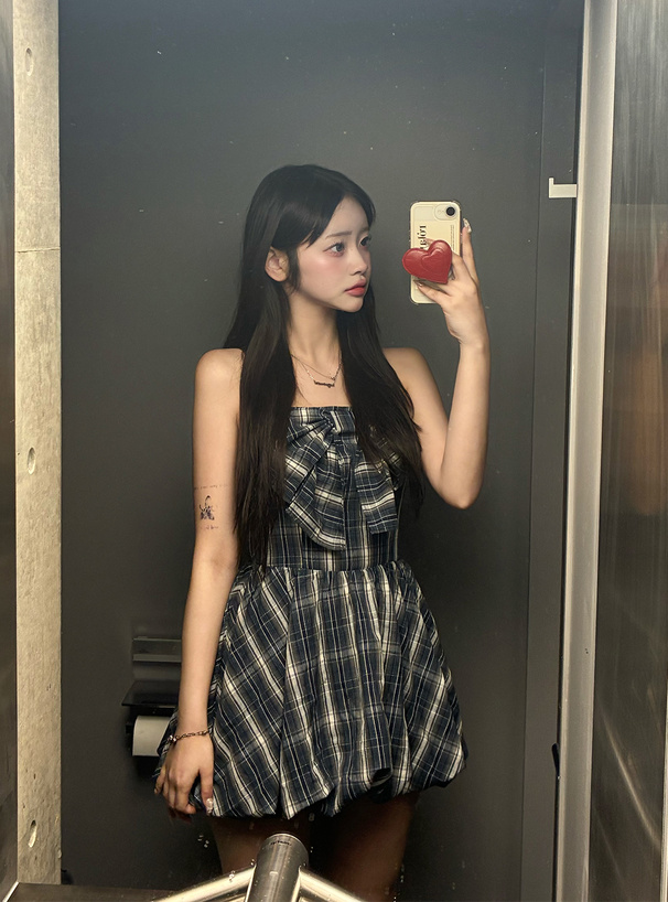 チェック柄ビッグリボンバルーンキャミソールミニワンピース