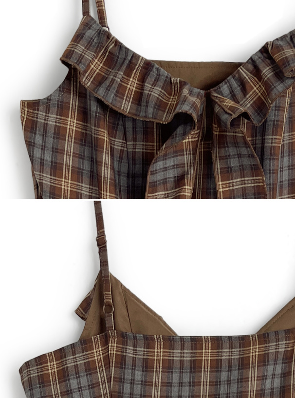 チェック柄フリルイレヘムミニキャミソールミニワンピース