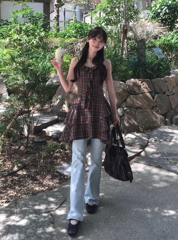 チェック柄フリルイレヘムミニキャミソールミニワンピース