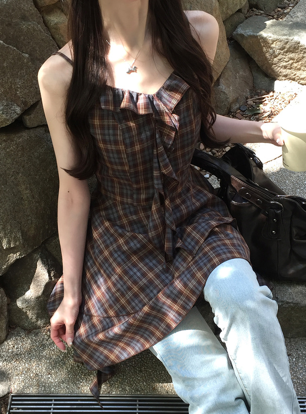 チェック柄フリルイレヘムミニキャミソールミニワンピース
