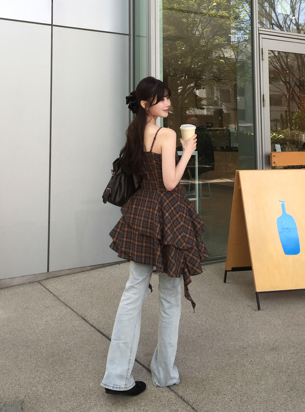 チェック柄フリルイレヘムミニキャミソールミニワンピース