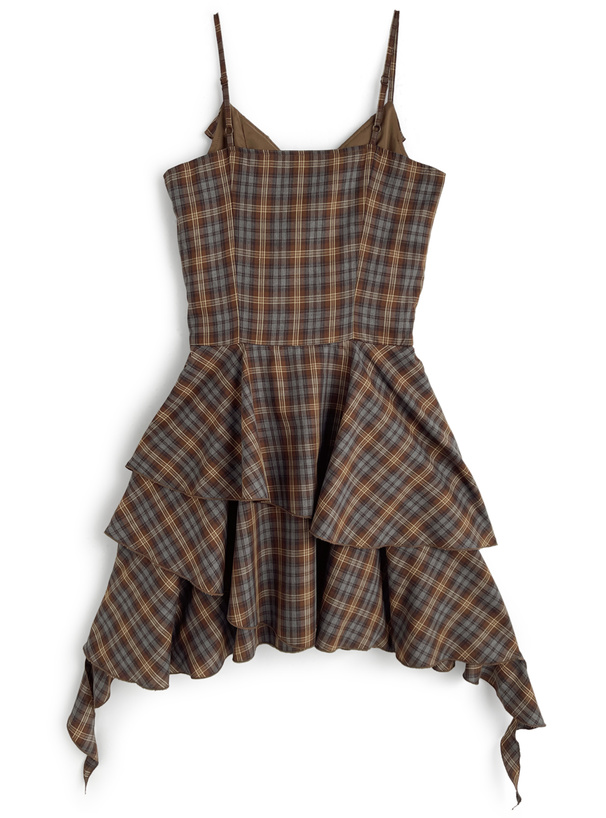 チェック柄フリルイレヘムミニキャミソールミニワンピース
