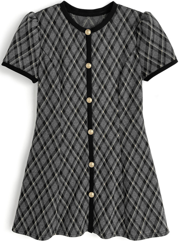 チェック柄ゴールドボタンミニワンピース