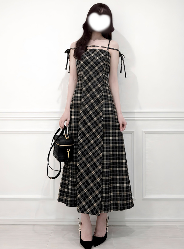チェック柄ストラップキャミソールワンピース