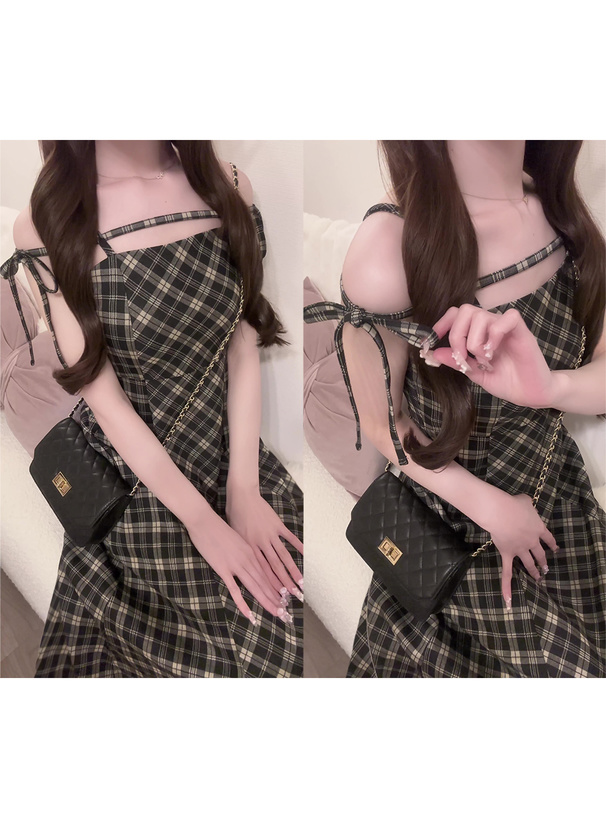 チェック柄ストラップキャミソールワンピース