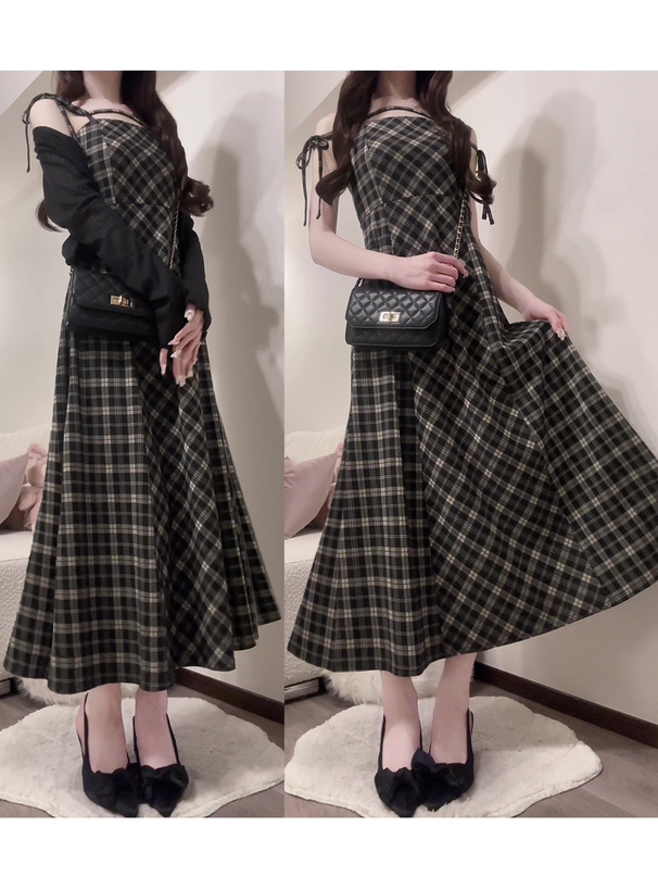 チェック柄ストラップキャミソールワンピース