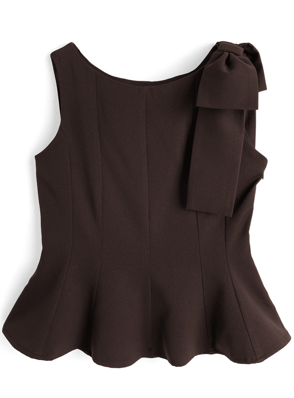 ショルダーリボンノースリーブペプラムトップス