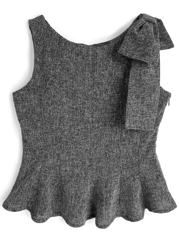 ツイードショルダーリボンノースリーブペプラムトップス