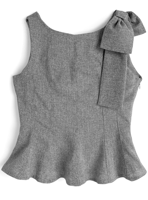 ツイードショルダーリボンノースリーブペプラムトップス