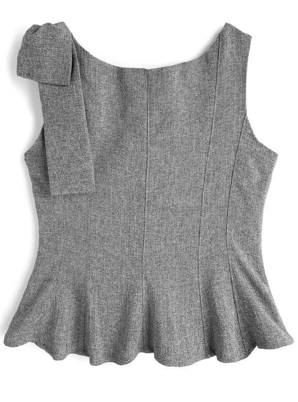 ツイードショルダーリボンノースリーブペプラムトップス