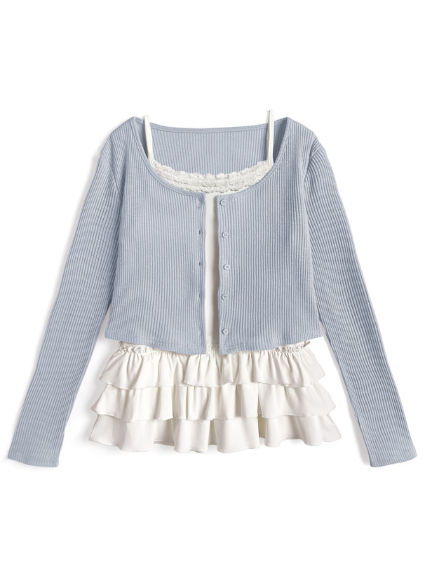 リブカーディガン×フリルキャミソールアンサンブル