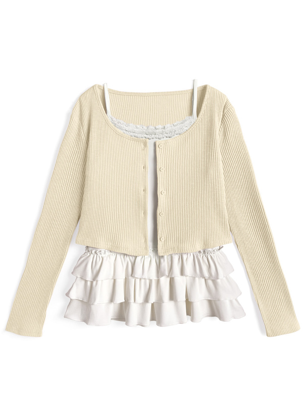 リブカーディガン×フリルキャミソールアンサンブル