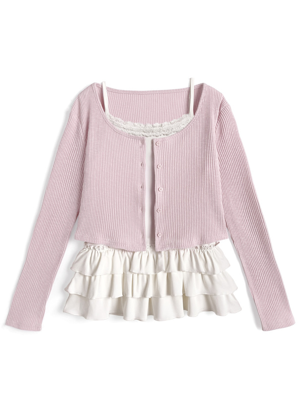 リブカーディガン×フリルキャミソールアンサンブル
