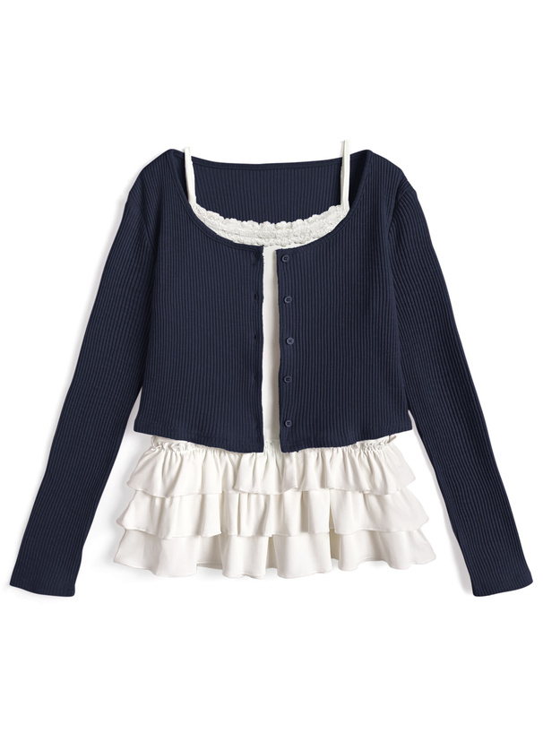 リブカーディガン×フリルキャミソールアンサンブル