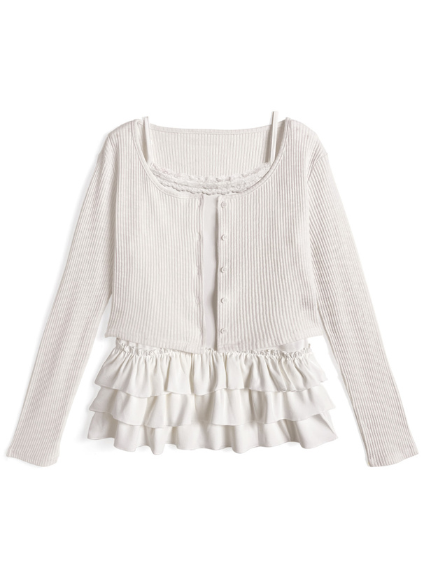 リブカーディガン×フリルキャミソールアンサンブル