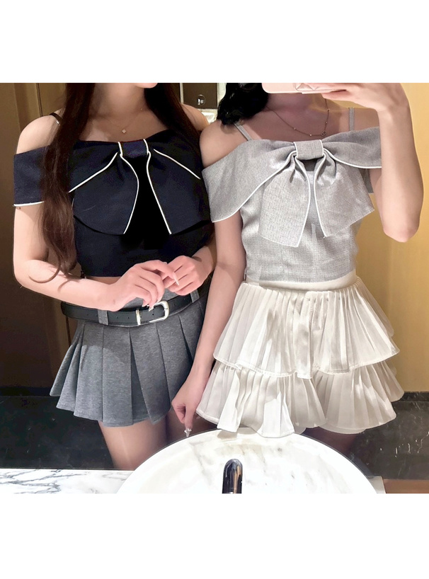 ビッグリボンオフショルダーツイードトップス