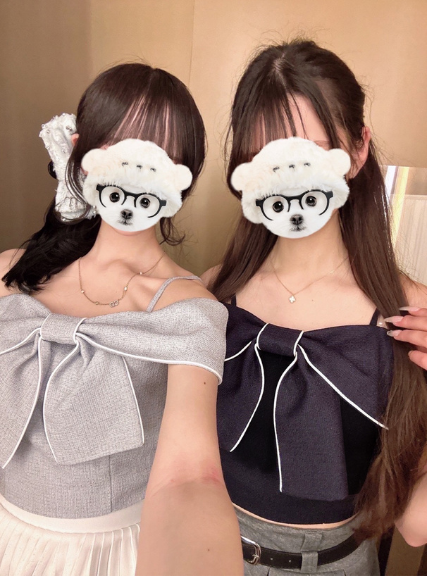 ビッグリボンオフショルダーツイードトップス