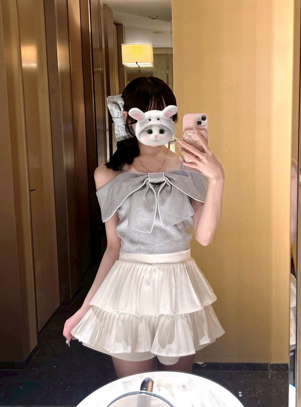 ビッグリボンオフショルダーツイードトップス