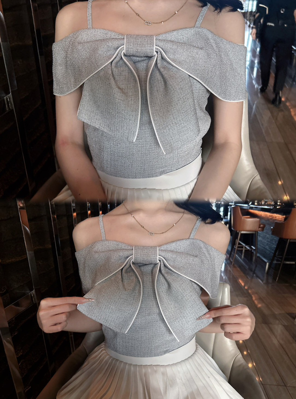ビッグリボンオフショルダーツイードトップス