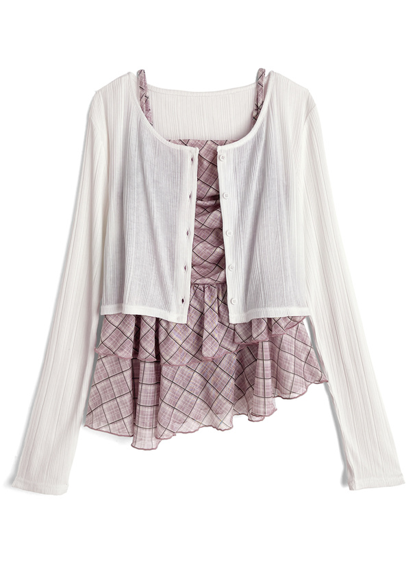 チェック柄シアーアシメキャミソールチュニック×リブカーディガンアンサンブル