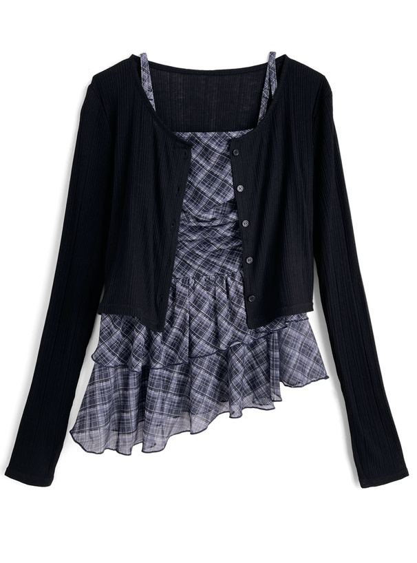 チェック柄シアーアシメキャミソールチュニック×リブカーディガンアンサンブル