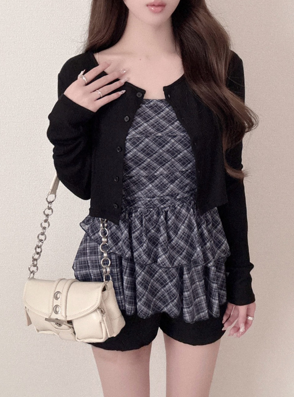 チェック柄シアーアシメキャミソールチュニック×リブカーディガンアンサンブル