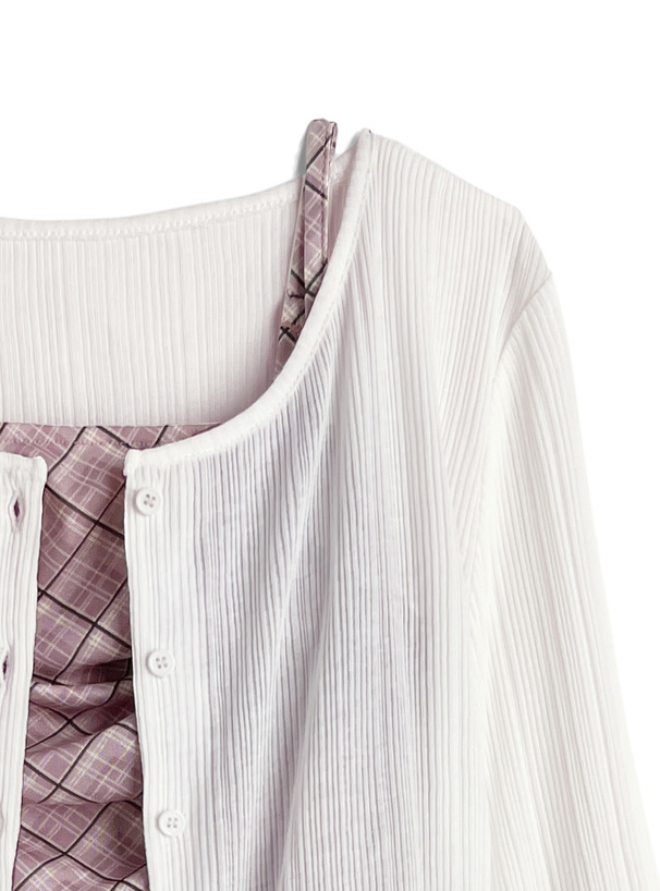 チェック柄シアーアシメキャミソールチュニック×リブカーディガンアンサンブル