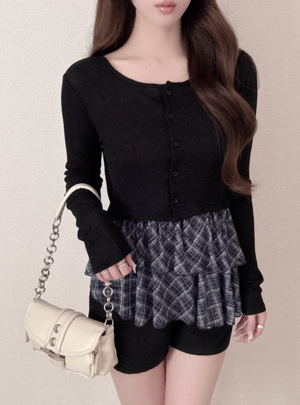 チェック柄シアーアシメキャミソールチュニック×リブカーディガンアンサンブル
