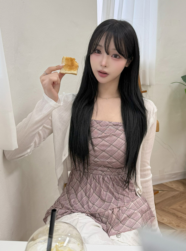 チェック柄シアーアシメキャミソールチュニック×リブカーディガンアンサンブル