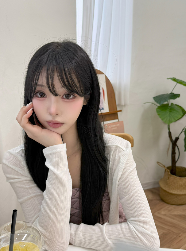 チェック柄シアーアシメキャミソールチュニック×リブカーディガンアンサンブル