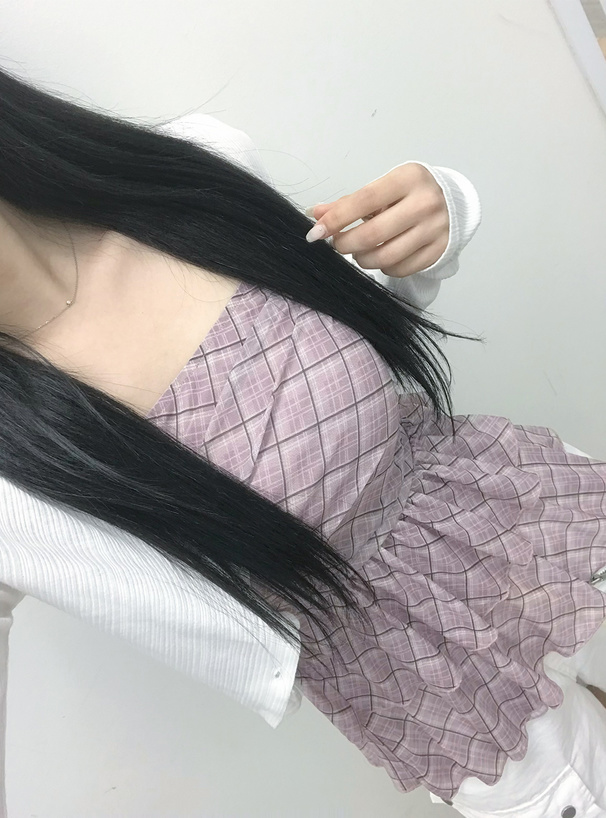 チェック柄シアーアシメキャミソールチュニック×リブカーディガンアンサンブル