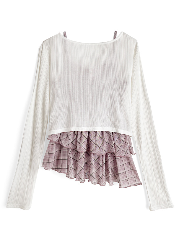 チェック柄シアーアシメキャミソールチュニック×リブカーディガンアンサンブル