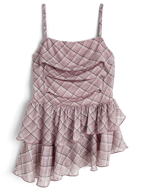 チェック柄シアーアシメキャミソールチュニック×リブカーディガンアンサンブル