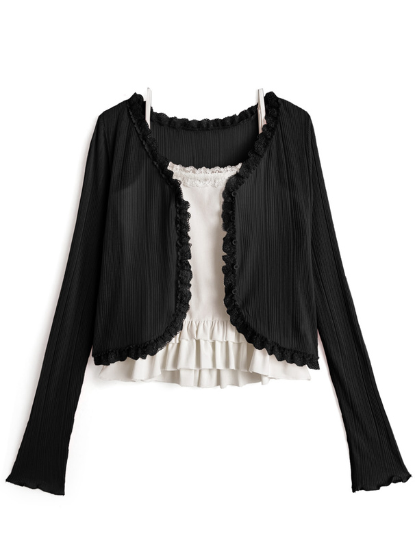 シアーリブレースカーディガン×フリルキャミソールアンサンブル