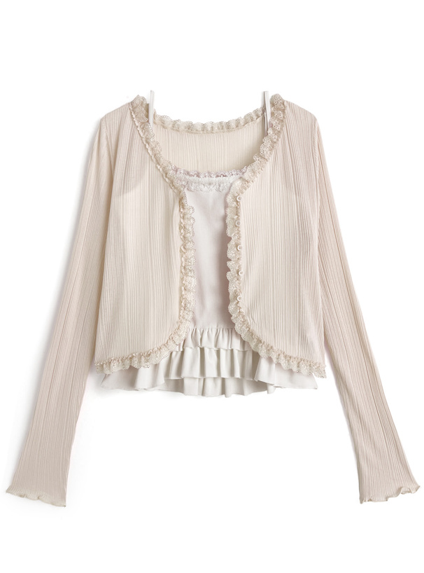 シアーリブレースカーディガン×フリルキャミソールアンサンブル