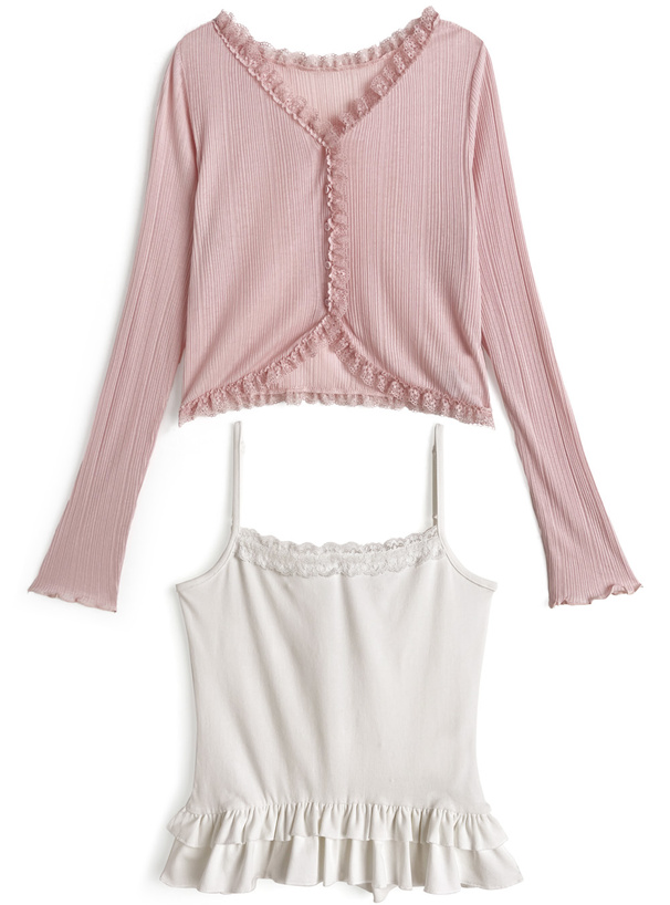 シアーリブレースカーディガン×フリルキャミソールアンサンブル