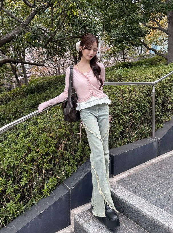 シアーリブレースカーディガン×フリルキャミソールアンサンブル