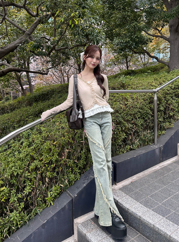 シアーリブレースカーディガン×フリルキャミソールアンサンブル