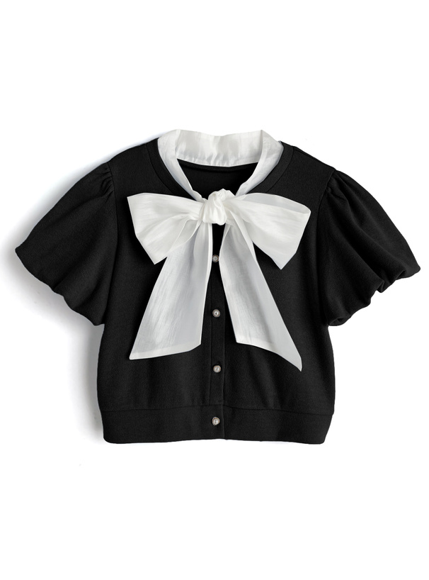 ボウタイレイヤード風バルーンスリーブカーディガン