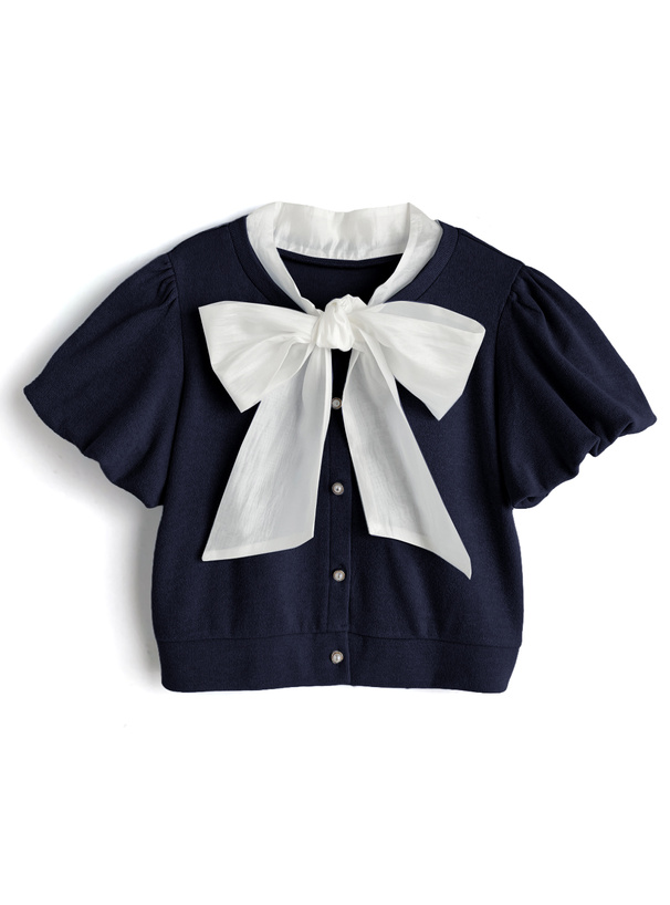 ボウタイレイヤード風バルーンスリーブカーディガン