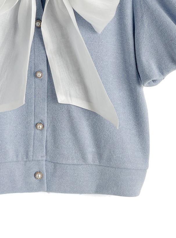 ボウタイレイヤード風バルーンスリーブカーディガン