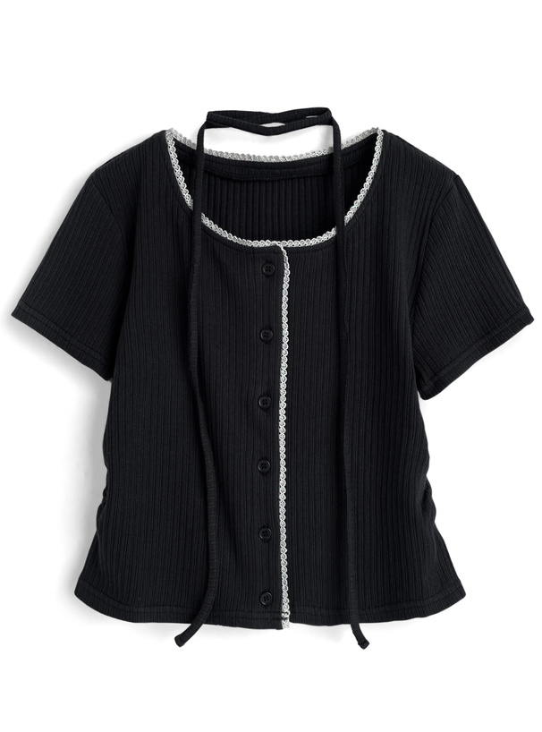 タイ付きレースサイドギャザーリブカーディガン